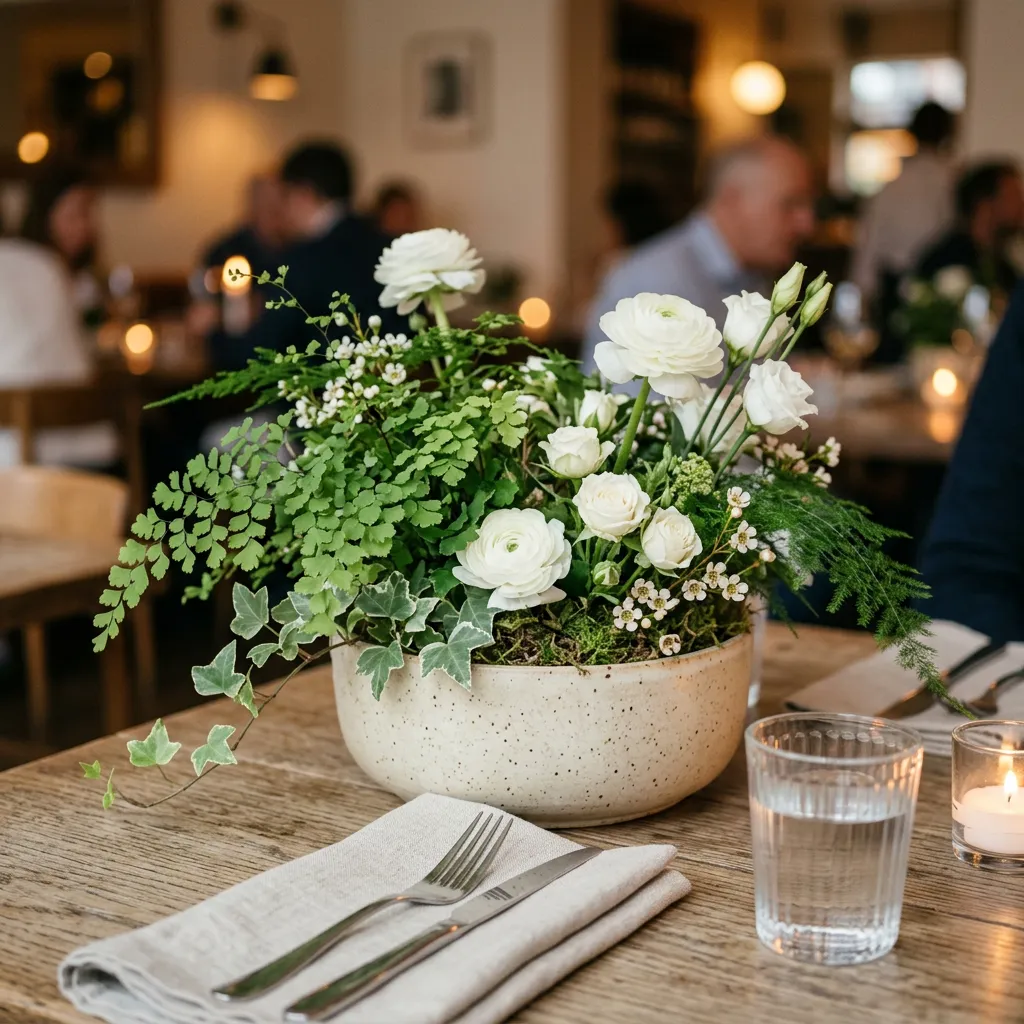 Opgemaakte plantenbak op een tafel in een restaurant