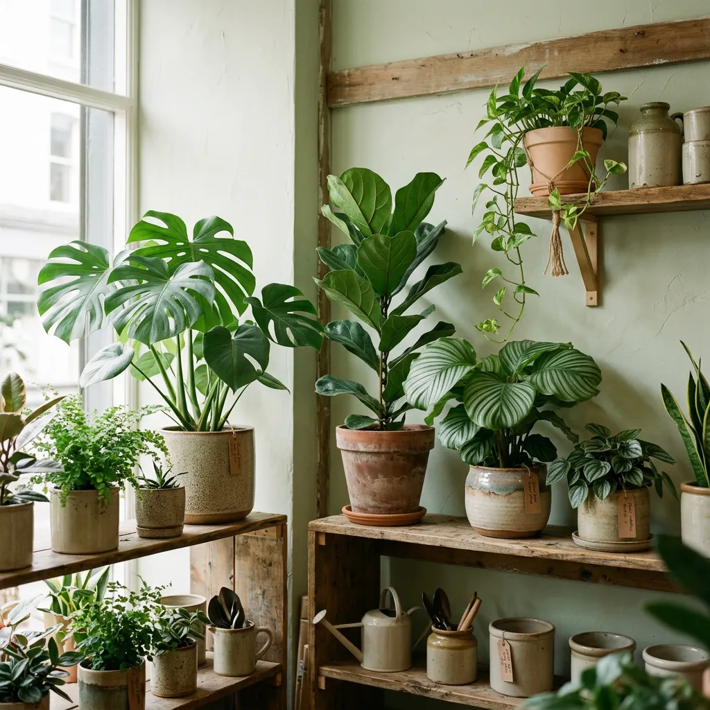 Kamerplanten op houten schappen