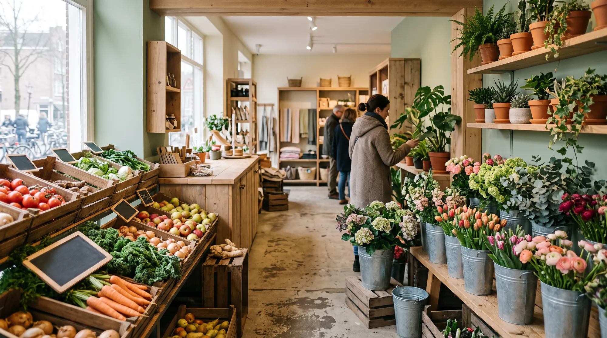 Het interieur van de winkel: kratten, bloemen en planten