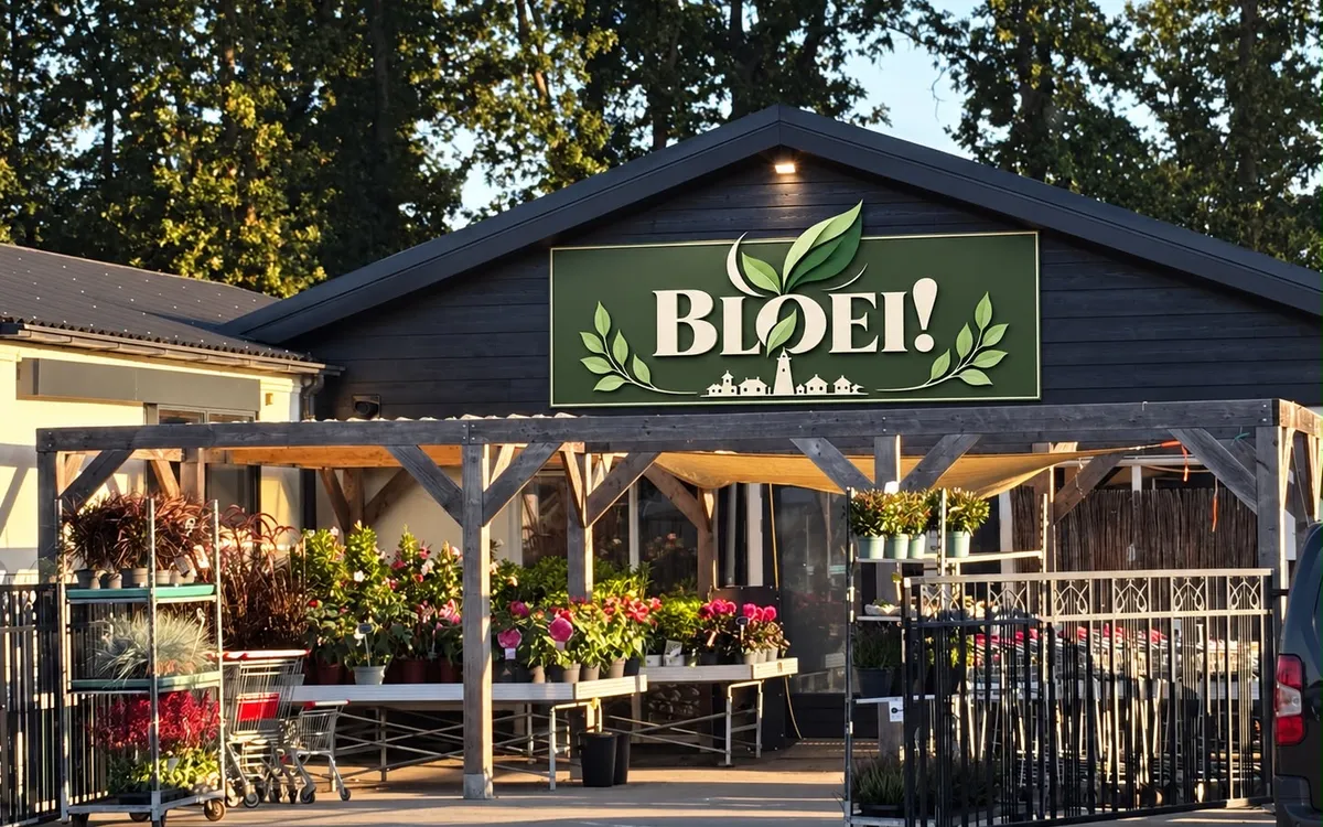 De gevel van Bloei! aan het Hogepad, met het groene naambord en de planten ervoor
